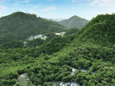 Gorgeous Lush Green Mountain Forest Landscape Under Clear Blue Sky With Winding Valley Streams 3d model