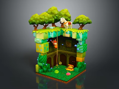 Vibrant Cartoon Scene With Green Trees Sheep On Block Structure Climbing Character And Cave Eggs 3d model