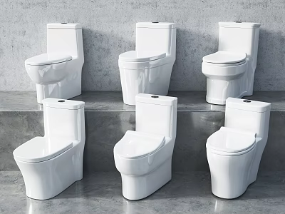 Six Modern White Toilets Displayed On Gray Steps For Product Showcase 3d model
