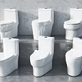 Six Modern White Toilets Displayed On Gray Steps For Product Showcase