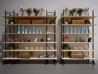Wooden Storage Shelves With Metal Frame Displaying Vases Plants And Decorative Items 3d model