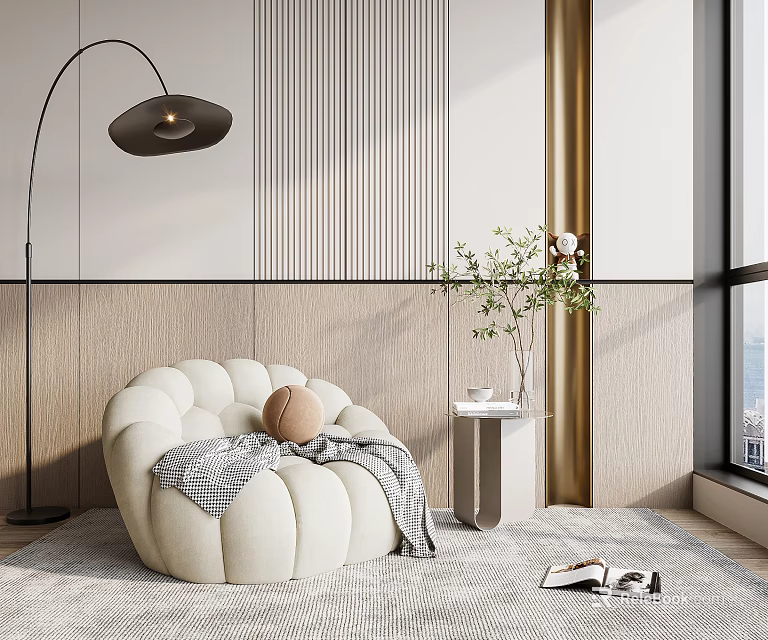 Modern Beige Rounded Single Sofa With Checked Blanket Pillow Floor Lamp Side Table Green Plant 3d model 