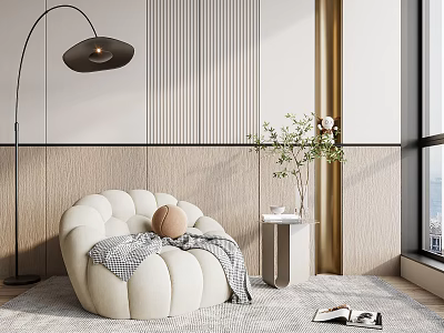 Modern Beige Rounded Single Sofa With Checked Blanket Pillow Floor Lamp Side Table Green Plant 3d model