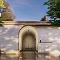 Tranquil Garden Landscape Featuring Archway Entrance White Wall Green Trees And Sunlit Path