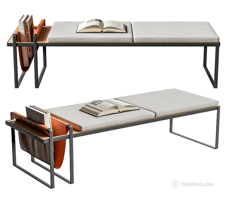 Modern Upholstered Sofa Bench With Metal Frame And Side Book Storage Pockets 3d model 