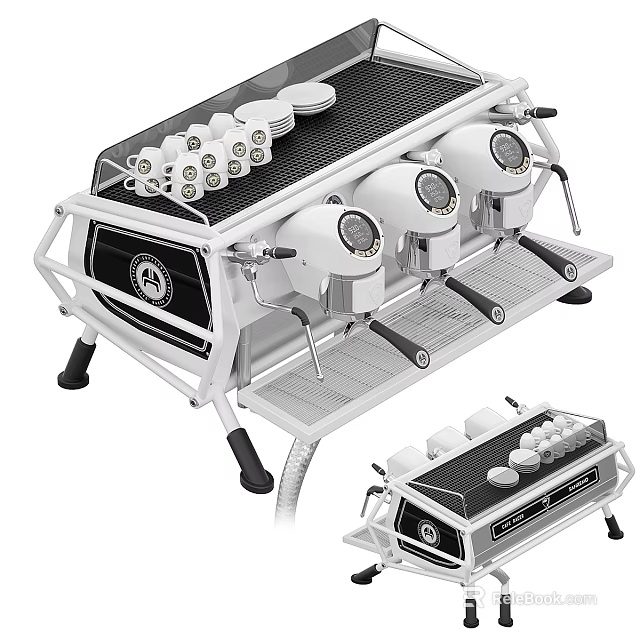 Commercial Espresso Machine With Multiple Group Heads White Design And Cup Holder 3d model 