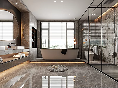 Luxurious Modern Bathroom Interior Design With Freestanding Bathtub Glass Shower And Marble Wall Mirror 3d model