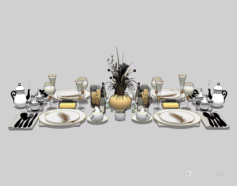 Elegant Complete Tableware Set with Ceramic Plates Cutlery Cups and Decorative Vase for Dining Table 3d model 