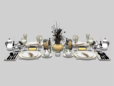 Elegant Complete Tableware Set with Ceramic Plates Cutlery Cups and Decorative Vase for Dining Table 3d model
