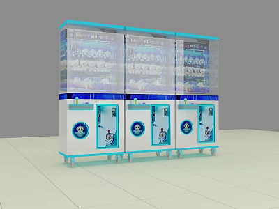 Three Modern Transparent Vending Machines With Blue Accents And Glass Doors 3d model