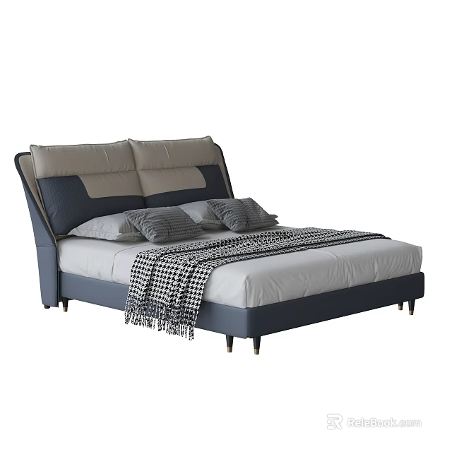 Modern Double Bed With Padded Gray Blue Headboard And Checkered Blanket 3d model