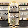 Elegant Golden Frame Display Shelves With Various Products White Cabinets And Green Plants