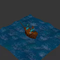 Wooden Pirate Ship With Blue Sails And Skull Emblem On Water Surface