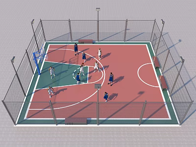 Outdoor Basketball Court With Fenced Area Red Green Surface And People Playing 3d model