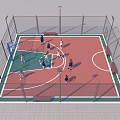 Outdoor Basketball Court With Fenced Area Red Green Surface And People Playing