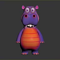 Cute Neon Purple Red Hippo 3D Cartoon Character With Big Eyes And Striped Belly Design
