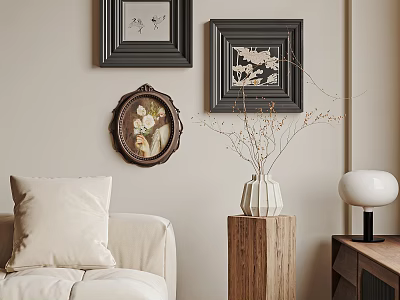 Stylish Living Space With Framed Wall Art Beige Sofa Wooden Stand Vase And Table Lamp 3d model