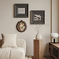 Stylish Living Space With Framed Wall Art Beige Sofa Wooden Stand Vase And Table Lamp