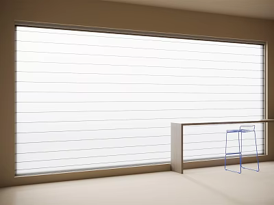 White Roller Blinds Covering Large Window With Bar Counter And Blue Bar Stools 3d model