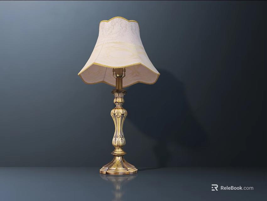 Elegant Table Lamp With Golden Carved Base And Cream Patterned Lampshade 3d model