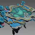Cartoon Scene of Floating Island with Blue Pond Lotus Flowers Cloud Decorations and Rocks