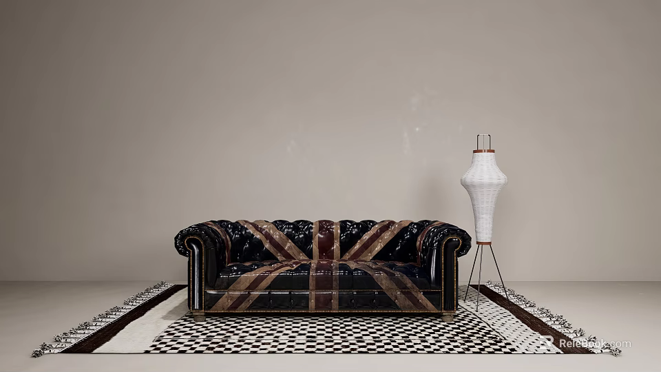 Modern Double Sofa With Union Jack Leather Pattern And Checkered Rug Floor Lamp 3d model 
