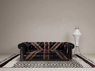 Modern Double Sofa With Union Jack Leather Pattern And Checkered Rug Floor Lamp 3d model