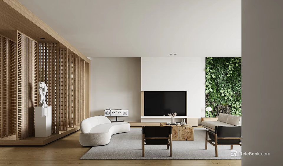 Modern Living Room Interior With Wooden Screen White Sofa Black Chairs And Green Plant Wall 3d model 