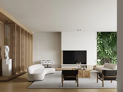 Modern Living Room Interior With Wooden Screen White Sofa Black Chairs And Green Plant Wall 3d model