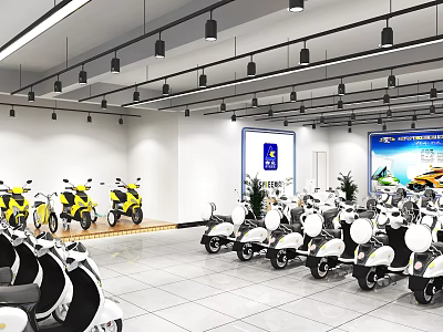 Spacious Modern Motorcycle Store Showcasing Various Scooters In Well Lit Display Area 3d model