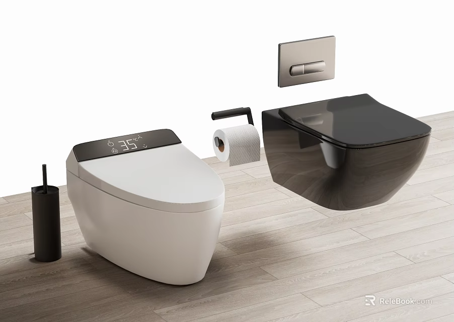 Smart White Toilet With Digital Display And Black Wall Mounted Toilet With Accessories 3d model 