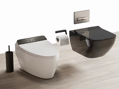 Smart White Toilet With Digital Display And Black Wall Mounted Toilet With Accessories 3d model
