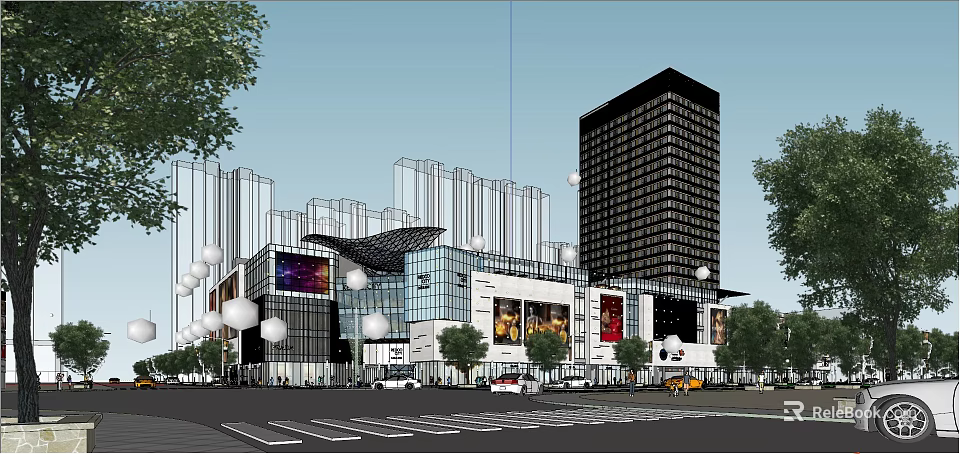 Modern Commercial Street With Glass Buildings Tall Skyscrapers Billboards Shops And Vehicles 3d model 