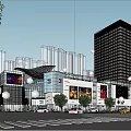 Modern Commercial Street With Glass Buildings Tall Skyscrapers Billboards Shops And Vehicles