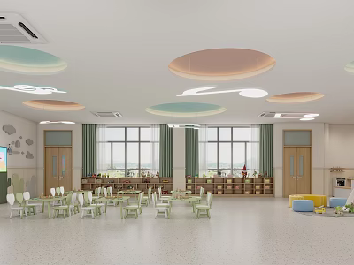 Modern Kindergarten Open Space With Colorful Ceiling Large Windows Green Curtains And Toy Area 3d model
