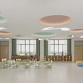 Modern Kindergarten Open Space With Colorful Ceiling Large Windows Green Curtains And Toy Area