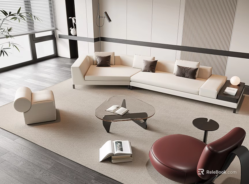 Beige L shaped Sofa and Glass Coffee Table Set with Dark Cushions and Burgundy Chair 3d model 