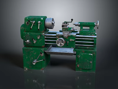 Vintage Green Lathe Machine Tool With Control Levers And Metal Bed 3d model