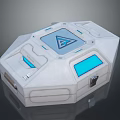 Modern Futuristic Tech Device Featuring Blue Illuminated Panels Central Logo And Sleek White Finish