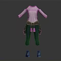Stylish Casual Outfit With White Long Sleeve Top Dark Pants Blue Shoes And Purple Details