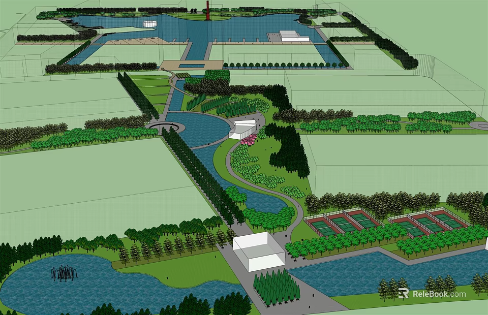 Scenic Park Landscape With Lakes Paths Green Spaces And Lush Vegetation 3d model 