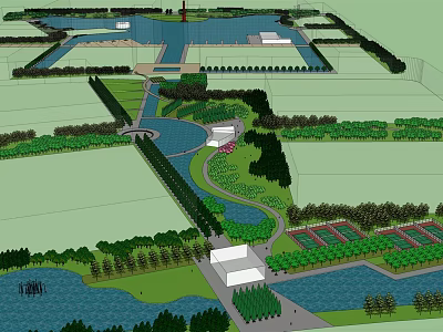 Scenic Park Landscape With Lakes Paths Green Spaces And Lush Vegetation 3d model
