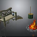Rustic Outdoor Log Bench Wood Logs Blue Bottle Stump Container Stone Fire Pit Campfire