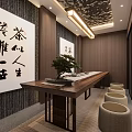 Oriental Style Clubhouse Interior Design With Water Pond Stones Wooden Screens And Carved Ceiling