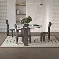 Round Table And Chairs Set With Wooden Frame Upholstered Seats Green Plants Bookshelf And Rug