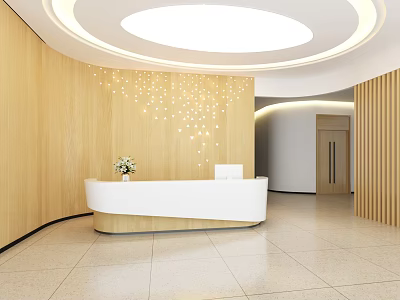 Modern Reception Area With Curved Wooden Walls And White Front Desk 3d model