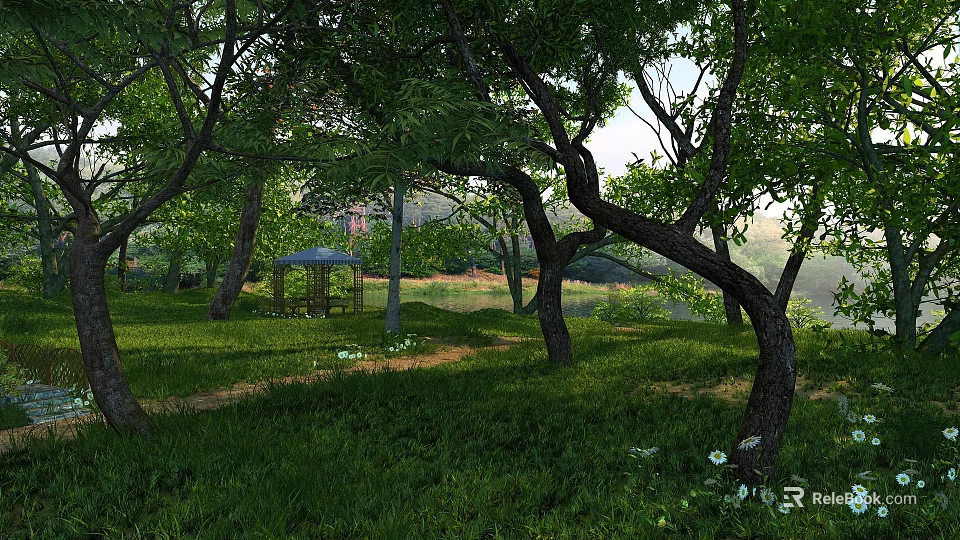 Scenic Natural Landscape With Lush Foliage Green Grass White Flowers And Gazebo In Peaceful Park 3d model 