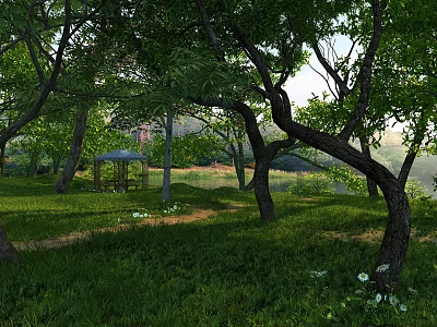Scenic Natural Landscape With Lush Foliage Green Grass White Flowers And Gazebo In Peaceful Park 3d model