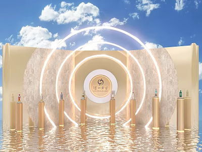 Golden Themed Photo Check In Spot With Circular Logo Glowing Rings And Water Reflection 3d model
