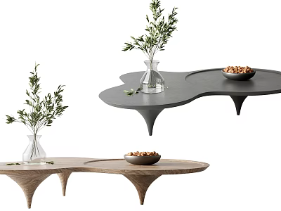 Contemporary Coffee Table Design Wooden Gray Irregular Shape With Vase Green Plants And Nut Bowl 3d model